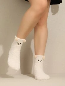 1双女士可爱熊和水果动物系列珊瑚绒家居袜 - 白色 - 查看 1