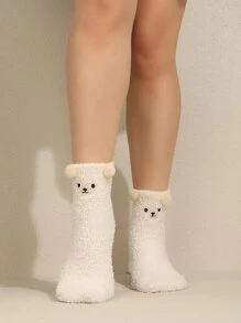 1双女士可爱熊和水果动物系列珊瑚绒家居袜 - 白色 - 查看 2