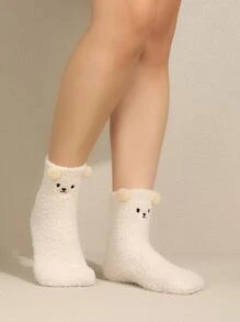 1双女士可爱熊和水果动物系列珊瑚绒家居袜 - 白色 - 查看 3