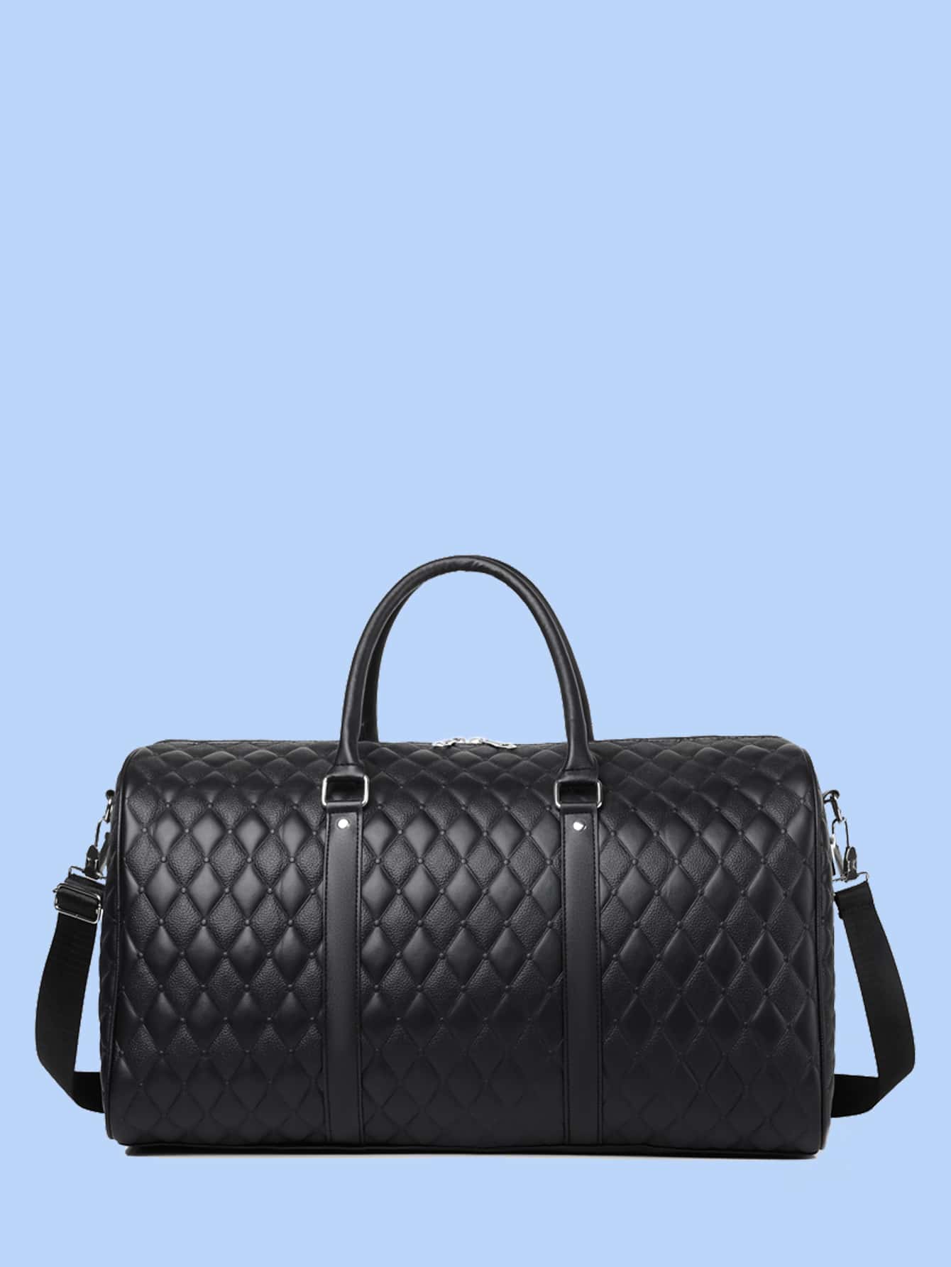 幾何浮雕旅行包,黑色PU皮革行李袋,防水手提包行李袋適合旅行和健身房 - 黑色 - 查看 1