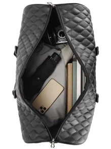 幾何浮雕旅行包,黑色PU皮革行李袋,防水手提包行李袋適合旅行和健身房 - 黑色 - 查看 6