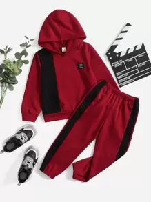 SHEIN 小男童貼布細節撞色連帽衫和運動褲 - 酒紅色 - 查看 1