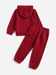 SHEIN 小男童貼布細節撞色連帽衫和運動褲 - 酒紅色 - 查看 2
