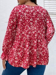 SHEIN LUNE Áo sơ mi Plus Size Nút Viên lá sen Họa tiết hoa Boho - Đỏ và trắng - Xem 2