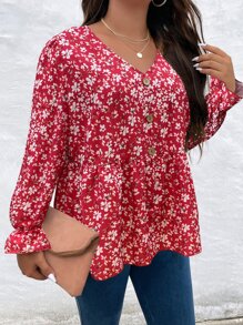SHEIN LUNE Áo sơ mi Plus Size Nút Viên lá sen Họa tiết hoa Boho - Đỏ và trắng - Xem 3