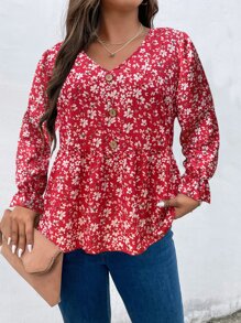 SHEIN LUNE Áo sơ mi Plus Size Nút Viên lá sen Họa tiết hoa Boho - Đỏ và trắng - Xem 4