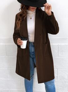 Plus Shawl Collar Double Pocket Overcoat - Chocolate Brown - View 1