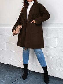 Plus Shawl Collar Double Pocket Overcoat - Chocolate Brown - View 3
