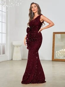 YISIKADO Vestido de vestir de un hombro ribete con fruncido de muslo con abertura con lentejuelas - Granate - Ver 6