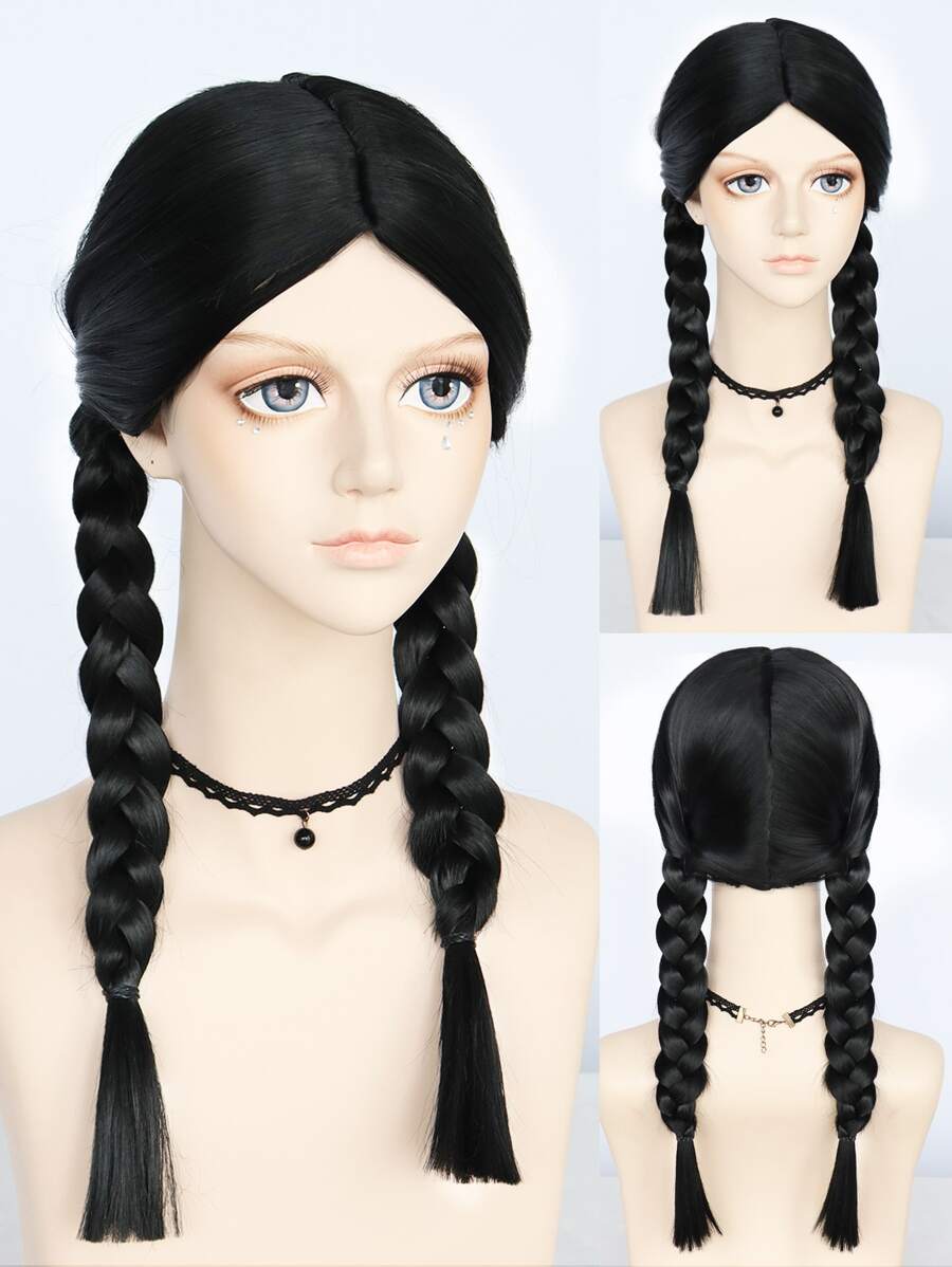 1pc Long Braided Cosplay Synthetic Wig & 1pc Wig Cap - Black - View 1
