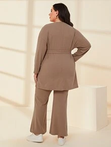 Mulvari Bộ thời trang Plus Size Thắt lưng Đắp vá màu trơn Giải trí - Màu be - Xem 2