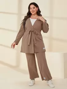 Mulvari Bộ thời trang Plus Size Thắt lưng Đắp vá màu trơn Giải trí - Màu be - Xem 5