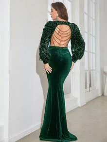 YISIKADO Đầm Pha lê kim cương Dây kéo Lộ Lưng Tương phản Mesh màu trơn Buổi tiệc - Màu xanh lá cây đậm - Xem 2