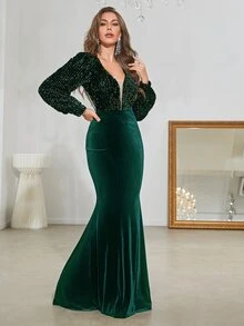 YISIKADO Đầm Pha lê kim cương Dây kéo Lộ Lưng Tương phản Mesh màu trơn Buổi tiệc - Màu xanh lá cây đậm - Xem 4