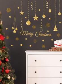 A Christmas English Snowflake Polka Dot Pattern Decorative Wall Sticker,Stickers,Wall Decal, Vinyl Decal For Home Decorations,Spring Decoration Items Refresh Your Home,Rama Decoration Stickers Christmas Decorations Room Decor - Yellow - View 1