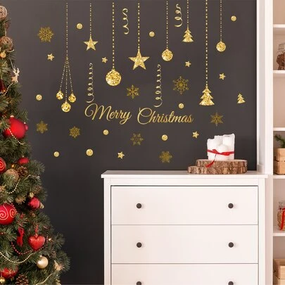 圣诞节英语雪花波尔卡圆点图案装饰墙贴、贴纸、墙贴花、乙烯基贴花用于家居装饰、春季装饰品让您的家焕然一新、拉玛装饰贴纸