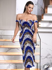 LOVE&LEMONADE Off Shoulder Colourblock Split Thigh Sequin Bodycon Dress - Multicolor - View 3