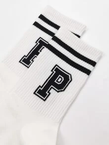 條紋和字母圖案中筒襪 - 白色 - 查看 3