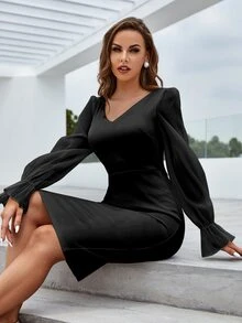 YISIKADO Flounce Sleeve Slit Back Bodycon Dress - Black - View 5