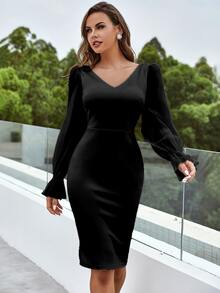 YISIKADO Flounce Sleeve Slit Back Bodycon Dress - Black - View 6