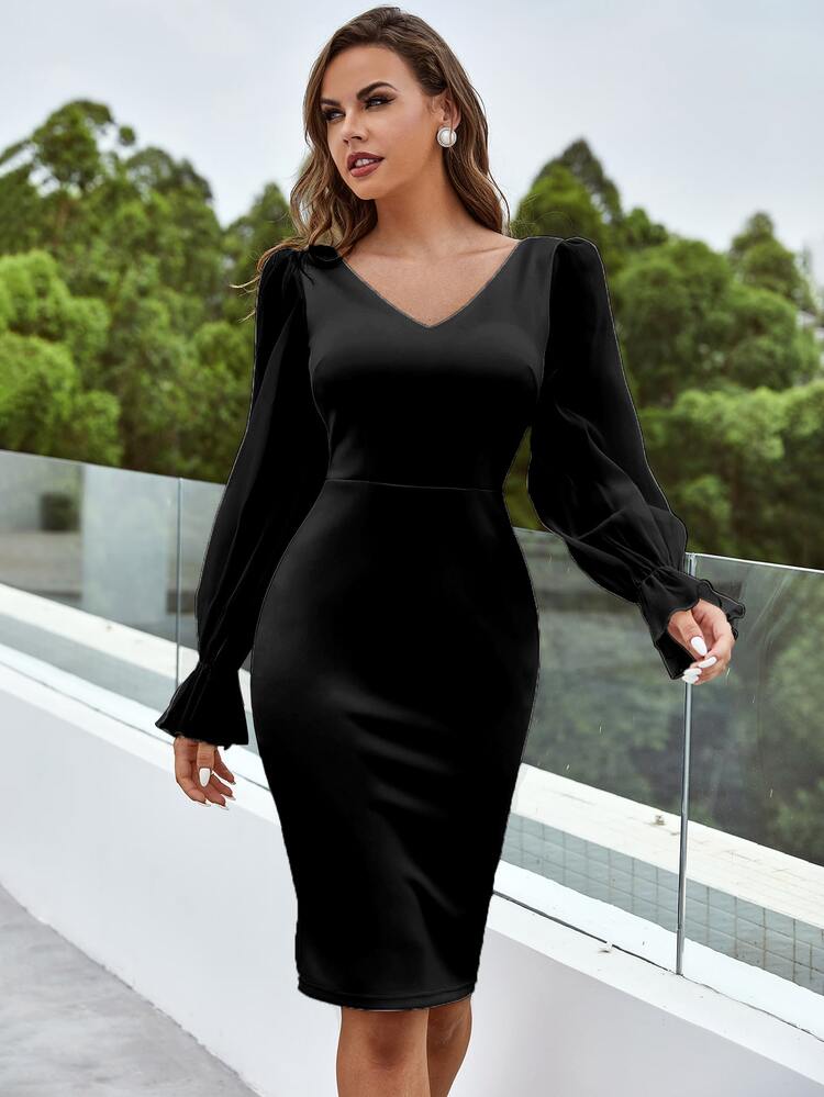YISIKADO Flounce Sleeve Slit Back Bodycon Dress - Black - View 6