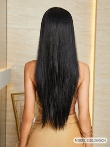 天然长直合成假发，带刘海 - 黑色 - 查看 5