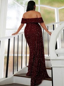 seomiscky Plus Off Shoulder Draped Side Split Thigh Sequin Formal Dress - Maroon - View 2