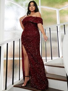 seomiscky Plus Off Shoulder Draped Side Split Thigh Sequin Formal Dress - Maroon - View 8