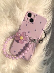 Funda de teléfono con estampado de corazón y colgante de teléfono con cuentas para el Día de San Valentín, resistente al agua, a los golpes, a las caídas y a los arañazos - Morado - Ver 4