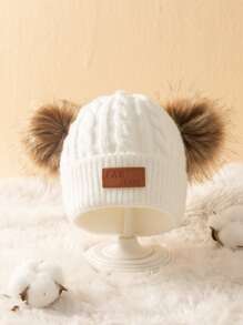 1pc Baby Double Ball Twisted Knit Beanie With Pom-pom And Brand Label - White - View 1