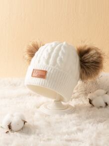 1pc Baby Double Ball Twisted Knit Beanie With Pom-pom And Brand Label - White - View 3