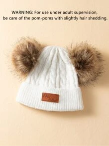 1pc Baby Double Ball Twisted Knit Beanie With Pom-pom And Brand Label - White - View 4