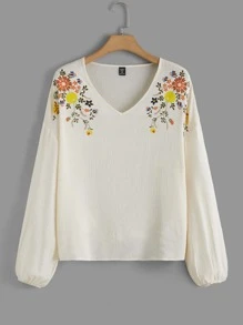 SHEIN LUNE Plus Floral Print Lantern Sleeve Blouse - Beige - View 1