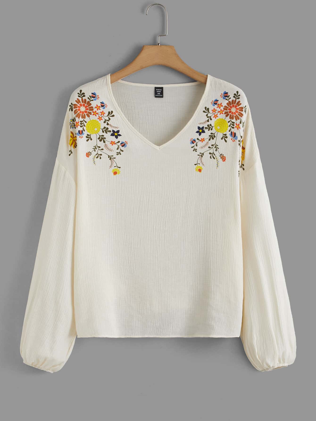 SHEIN LUNE Plus Floral Print Lantern Sleeve Blouse - Beige - View 1