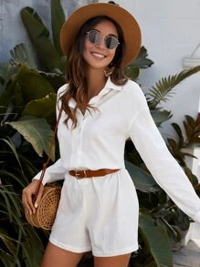 SHEIN VCAY Áo liền quần Nút phía trước màu trơn Giải trí - trắng - Xem 6