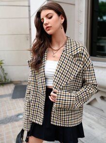 SHEIN Unity Plaid Print Drop Shoulder Overcoat - Khaki - View 6