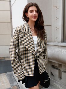 SHEIN Unity Plaid Print Drop Shoulder Overcoat - Khaki - View 4