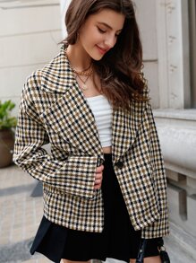 SHEIN Unity Plaid Print Drop Shoulder Overcoat - Khaki - View 5
