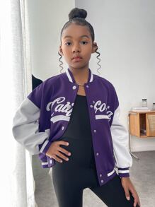SHEIN Girls Letter Embroidered Drop Shoulder Varsity Jacket - Multicolor - View 3