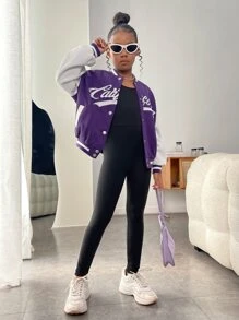 SHEIN Girls Letter Embroidered Drop Shoulder Varsity Jacket - Multicolor - View 4