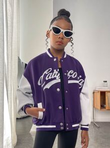 SHEIN Girls Letter Embroidered Drop Shoulder Varsity Jacket - Multicolor - View 5