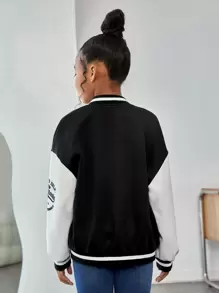 SHEIN Tween Girl Letter Embroidered Drop Shoulder Varsity Jacket - Black - View 2