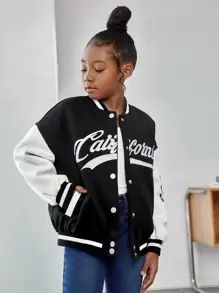 SHEIN Tween Girl Letter Embroidered Drop Shoulder Varsity Jacket - Black - View 3