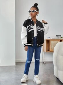 SHEIN Tween Girl Letter Embroidered Drop Shoulder Varsity Jacket - Black - View 5