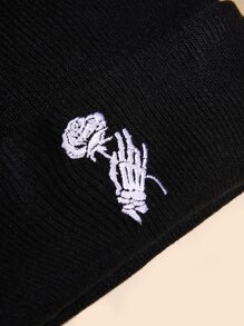 Skeleton Hand & Floral Embroidered Beanie - Black - View 3