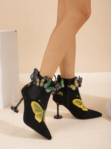 Faux Suede Butterfly Decor Point Toe Heeled Chelsea Boots - Black - View 3