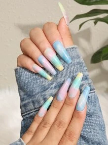 24pcs Long Coffin Colorblock Fake Nail & 1pc Nail File & 1sheet Nail Tape - Multicolor - View 1