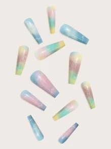 24pcs Long Coffin Colorblock Fake Nail & 1pc Nail File & 1sheet Nail Tape - Multicolor - View 3