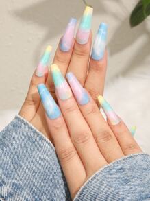 24pcs Long Coffin Colorblock Fake Nail & 1pc Nail File & 1sheet Nail Tape - Multicolor - View 4