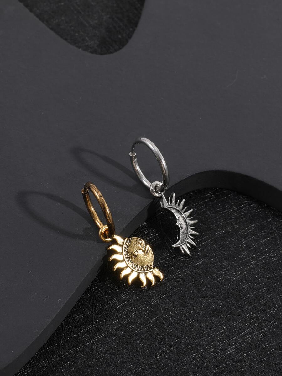 Men Sun & Moon Mismatched Drop Earrings - Multicolor - View 1